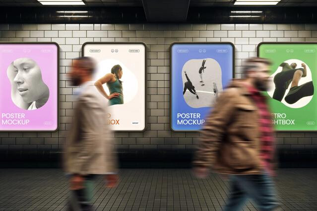 Lightbox Posters Mockup on Glossy Dark Tiles