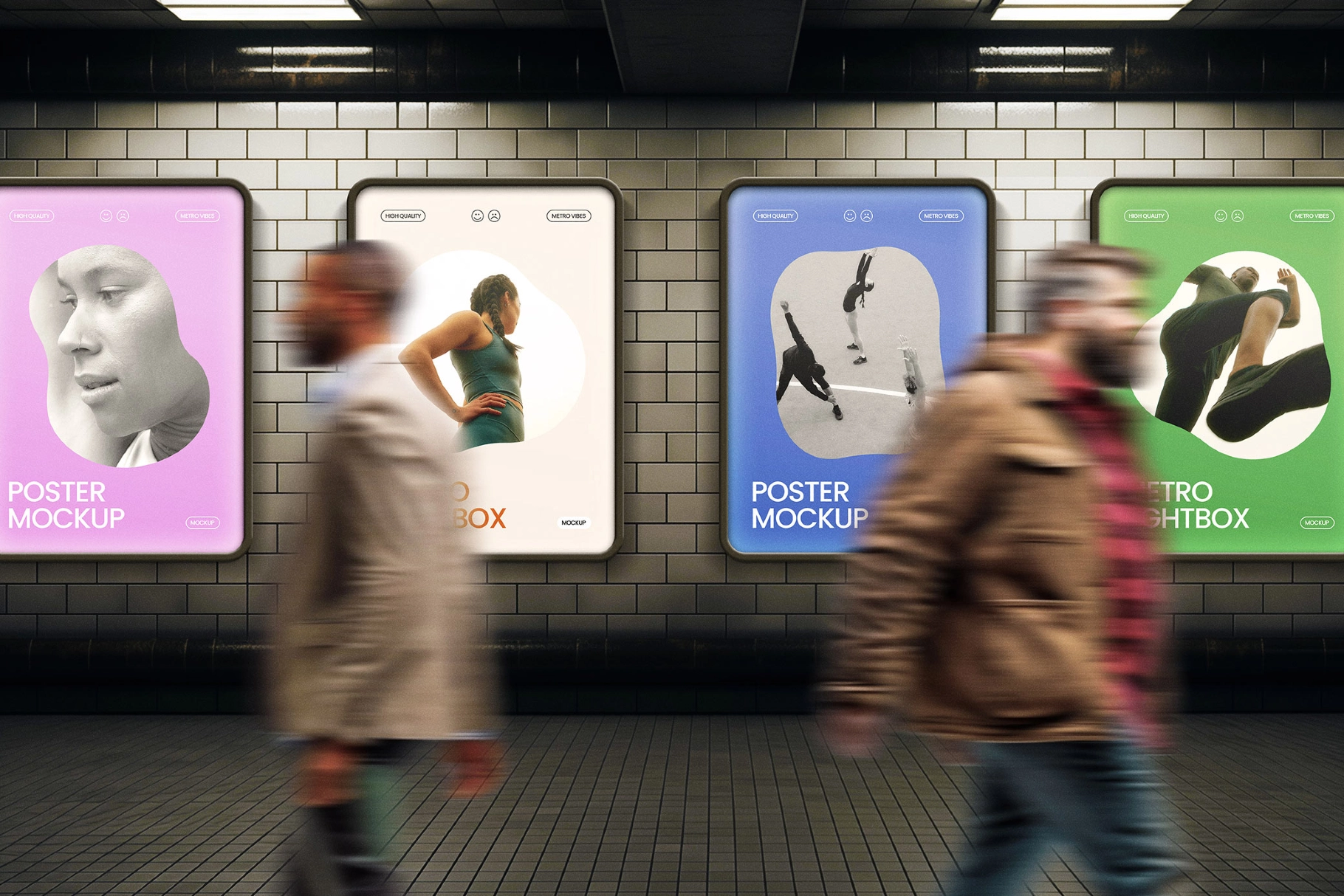 Lightbox Posters Mockup on Glossy Dark Tiles