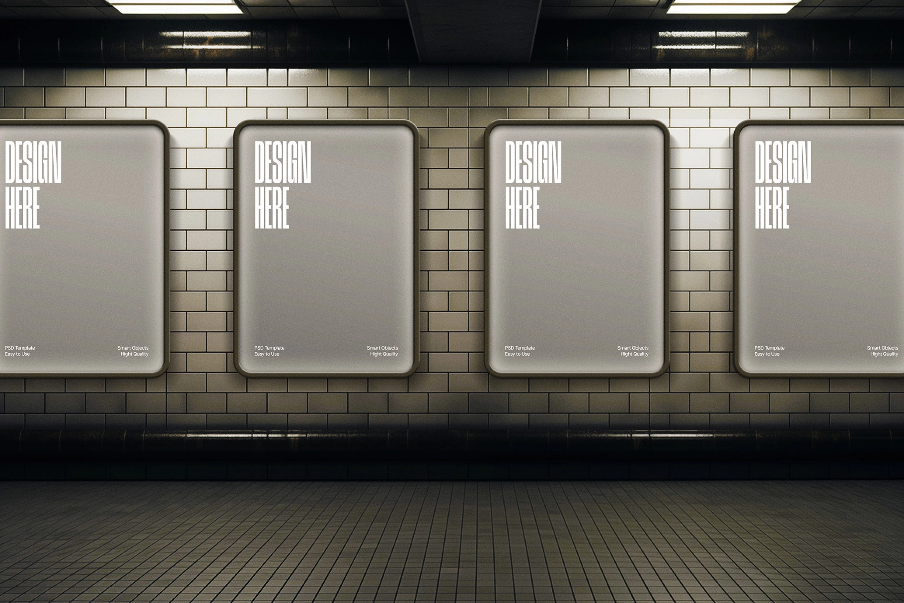 Lightbox Posters Mockup on Glossy Dark Tiles