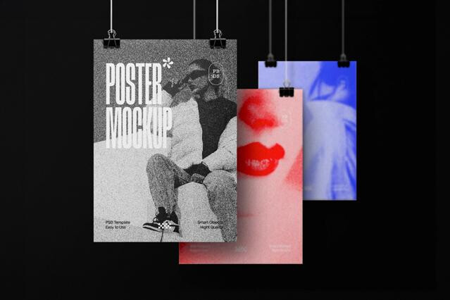 Overlaid Posters Mockup with Metal Clips