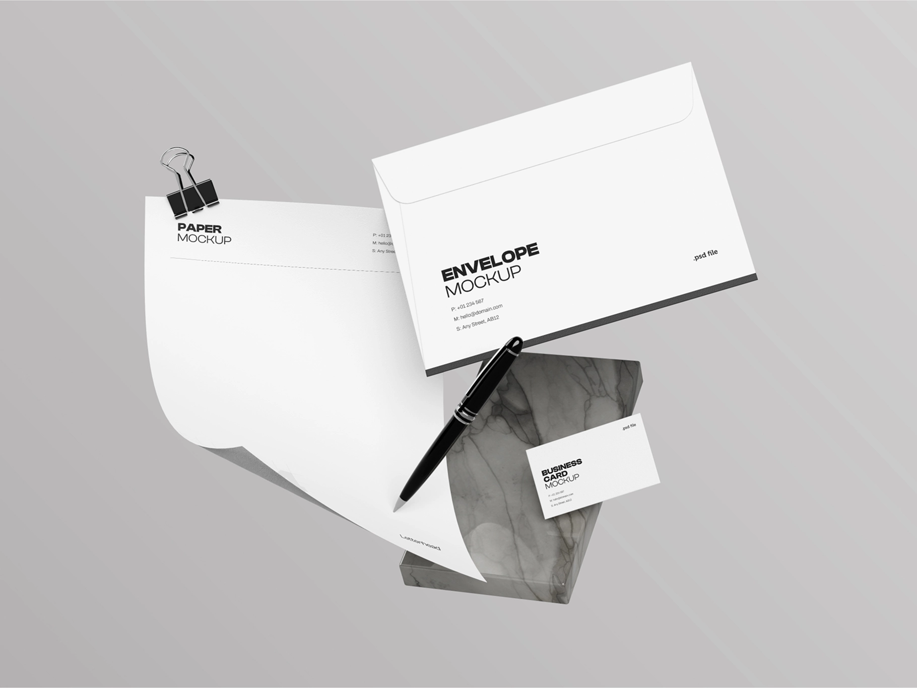 Letterhead Business Card with Marble Mockup Flying