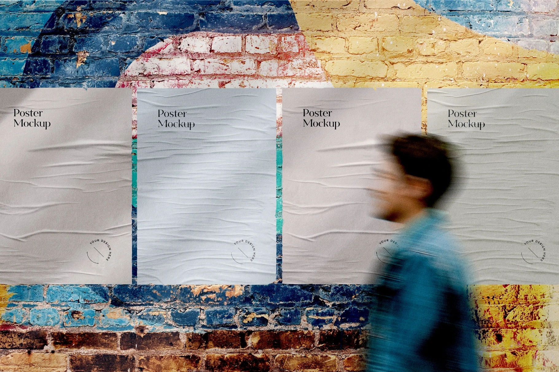 Weathered Brick Wall with Glued Posters Mockup