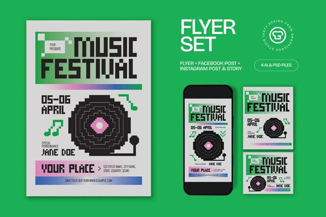 Green Pixelated Music Festival Flyer