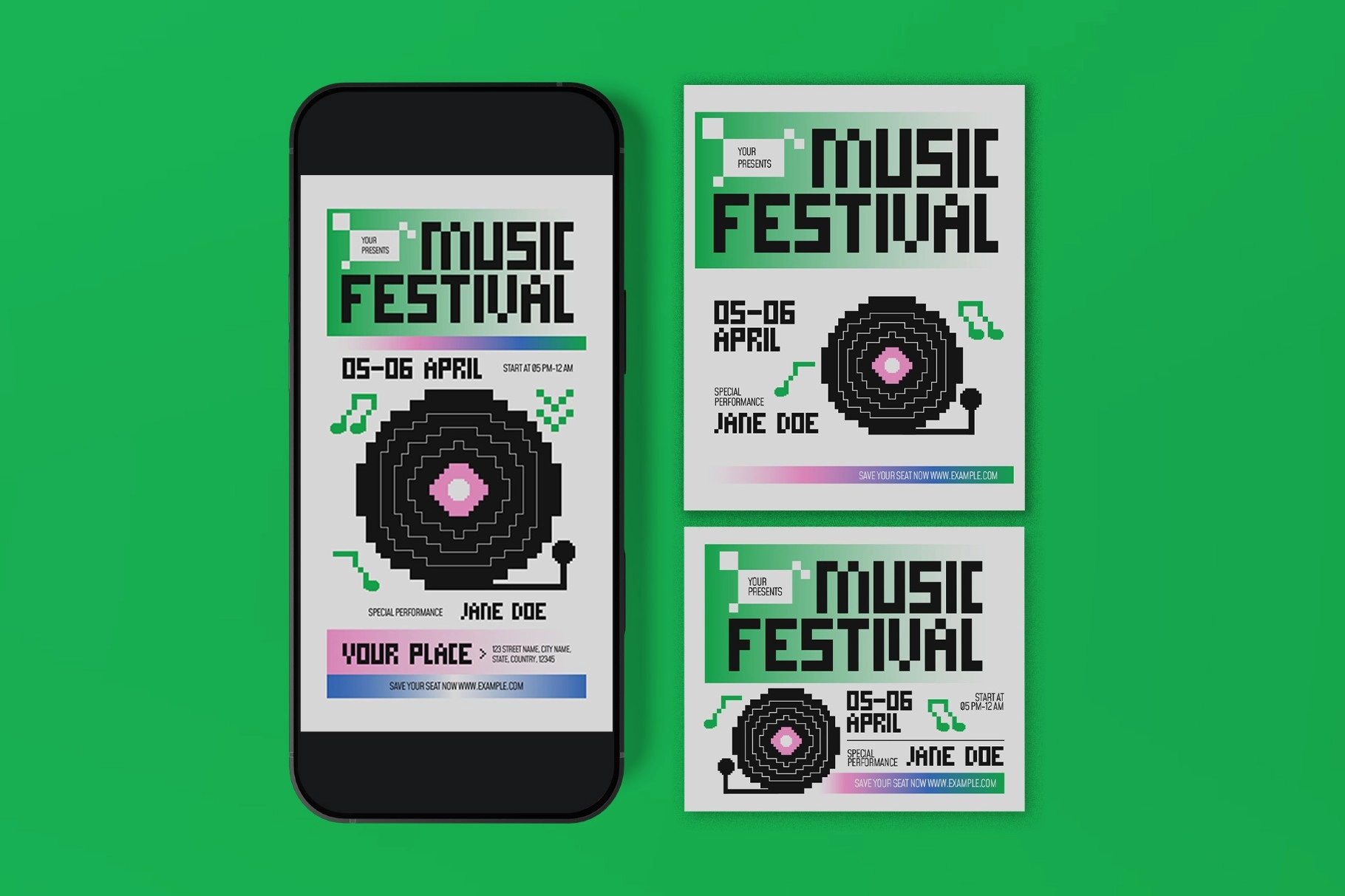 Green Pixelated Music Festival Flyer