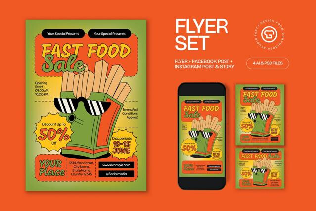 Green Quirky Illustration Fastfood Sale Flyer