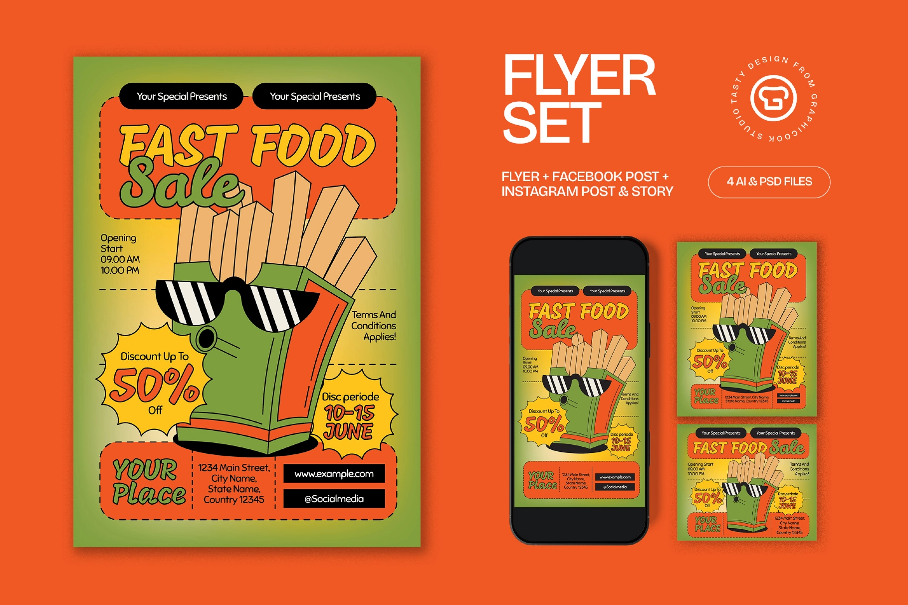 Green Quirky Illustration Fastfood Sale Flyer