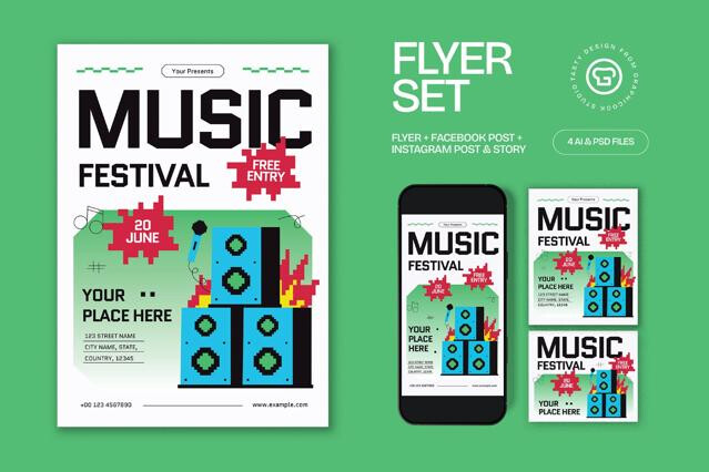 White And Blue Pixelated Music Festival Flyer