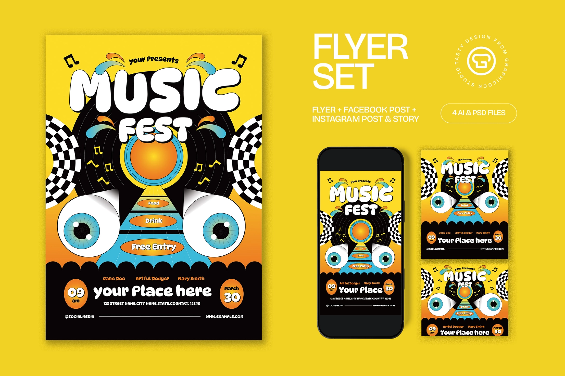 Yellow Quirky Illustration Music Festival Flyer