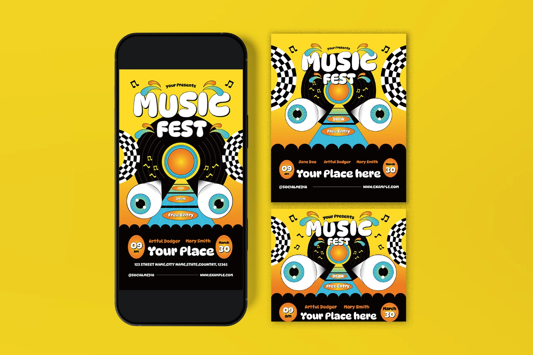 Yellow Quirky Illustration Music Festival Flyer