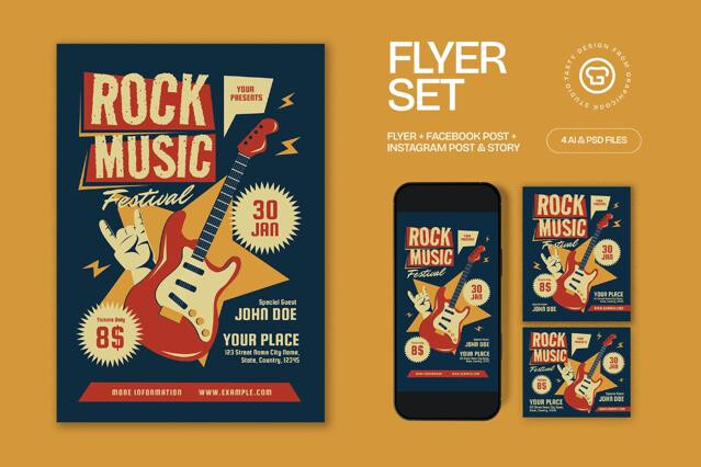 Blue And Red Grunge Rock Music Festival Flyer