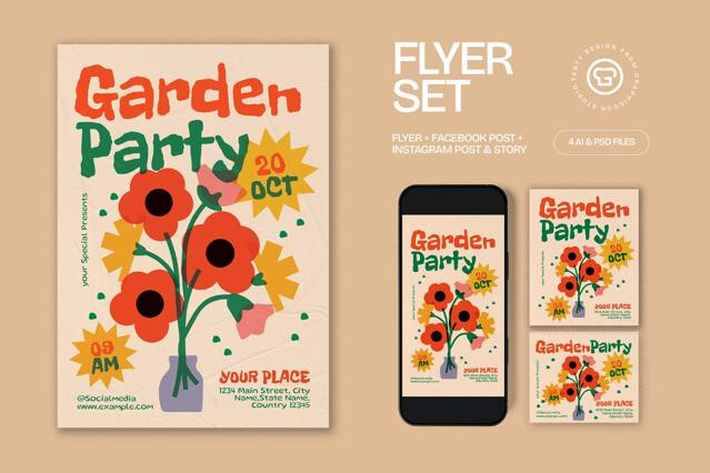 Beige Quirky Illustration Garden Party Flyer