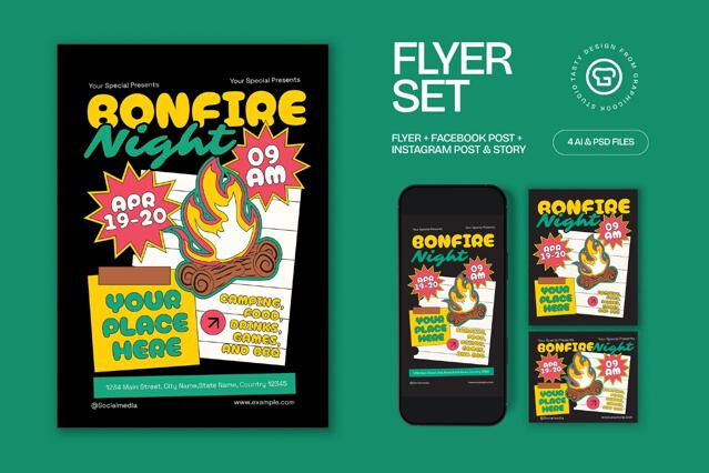 Black Quirky Illustration Bonfire Night Flyer