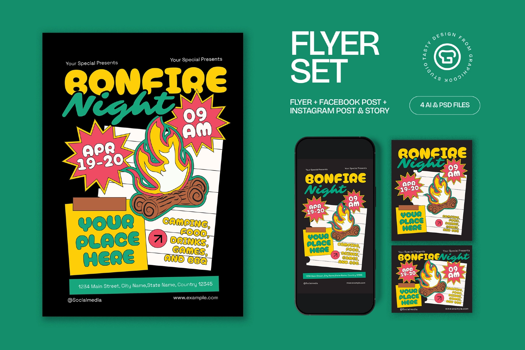 Black Quirky Illustration Bonfire Night Flyer