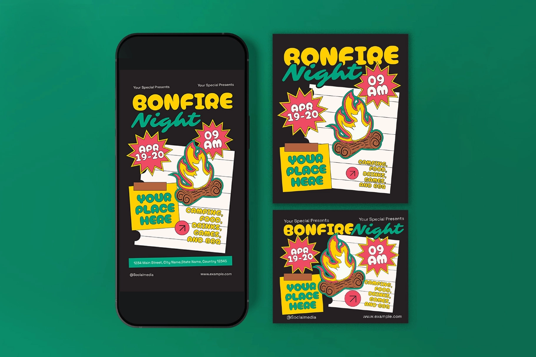 Black Quirky Illustration Bonfire Night Flyer