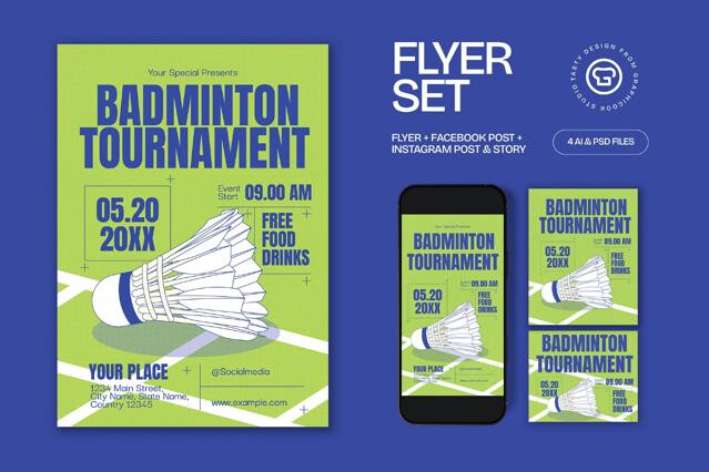 Green Bold Badminton Tournament Flyer