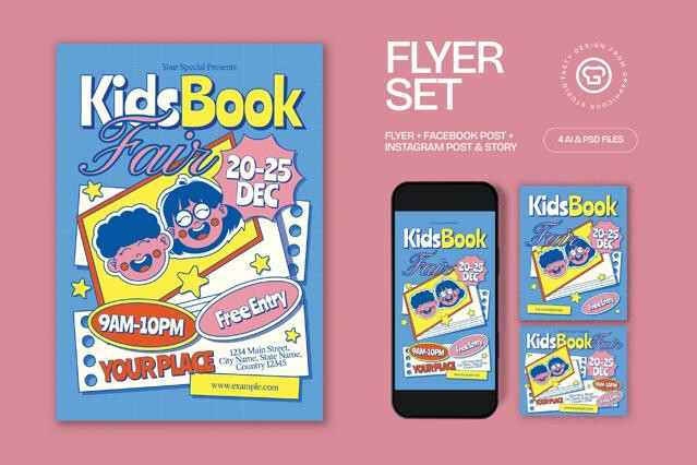 Blue Quirky Illustration Kids Book Fair Flyer