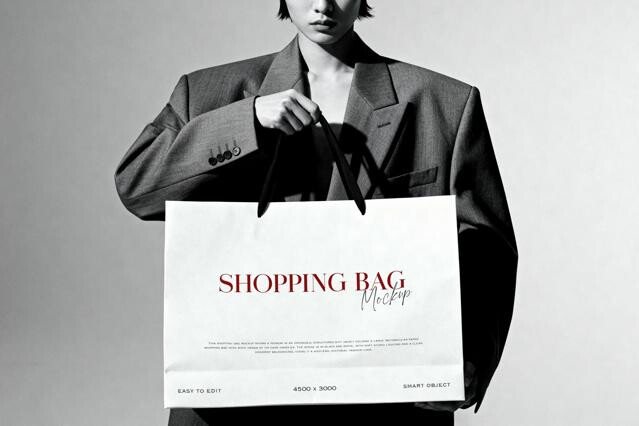 B&W Model Holding Shopping Bag Mockup