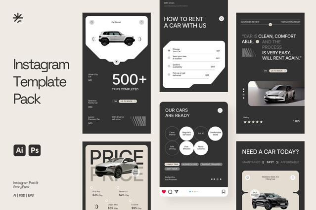 Car Rental Booking Instagram Pack (AI, EPS, PSD)
