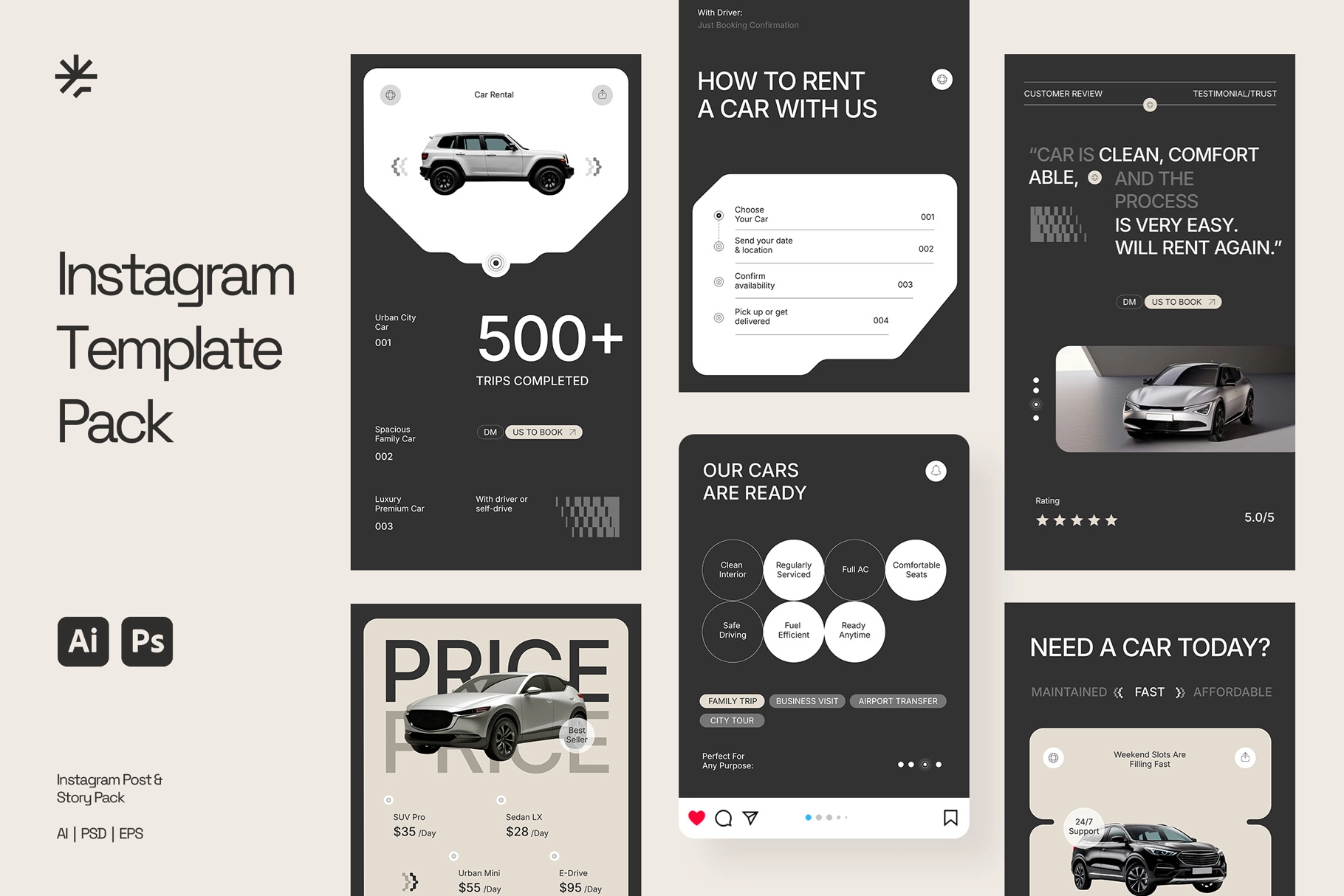Car Rental Booking Instagram Pack (AI, EPS, PSD)