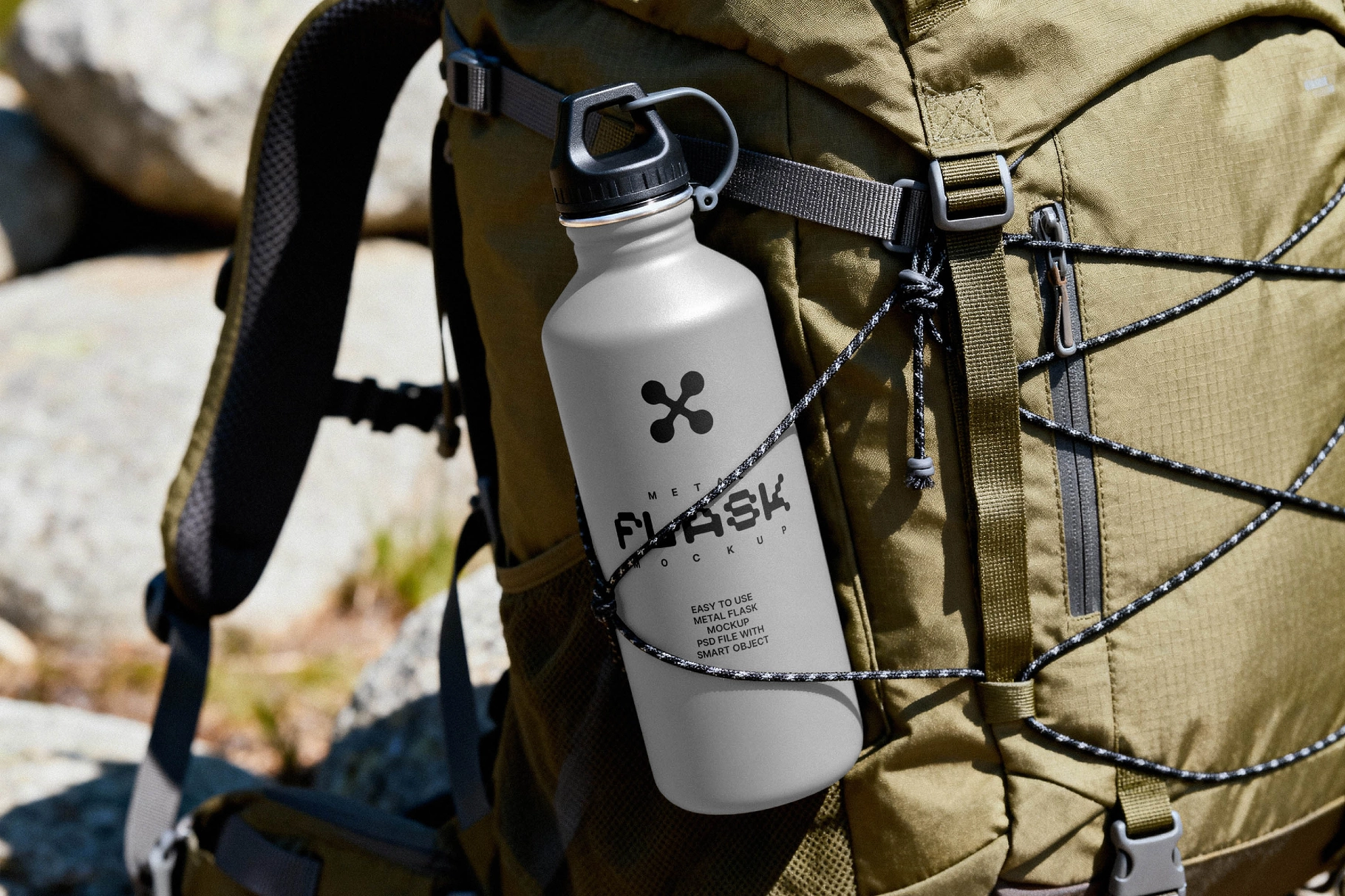 Metal Flask Mockup on Hiking Backpack