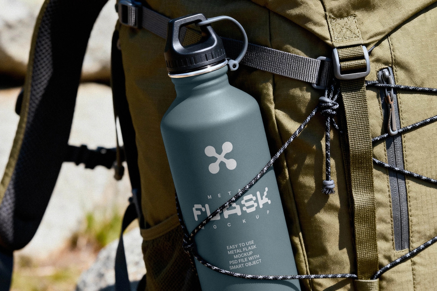Metal Flask Mockup on Hiking Backpack