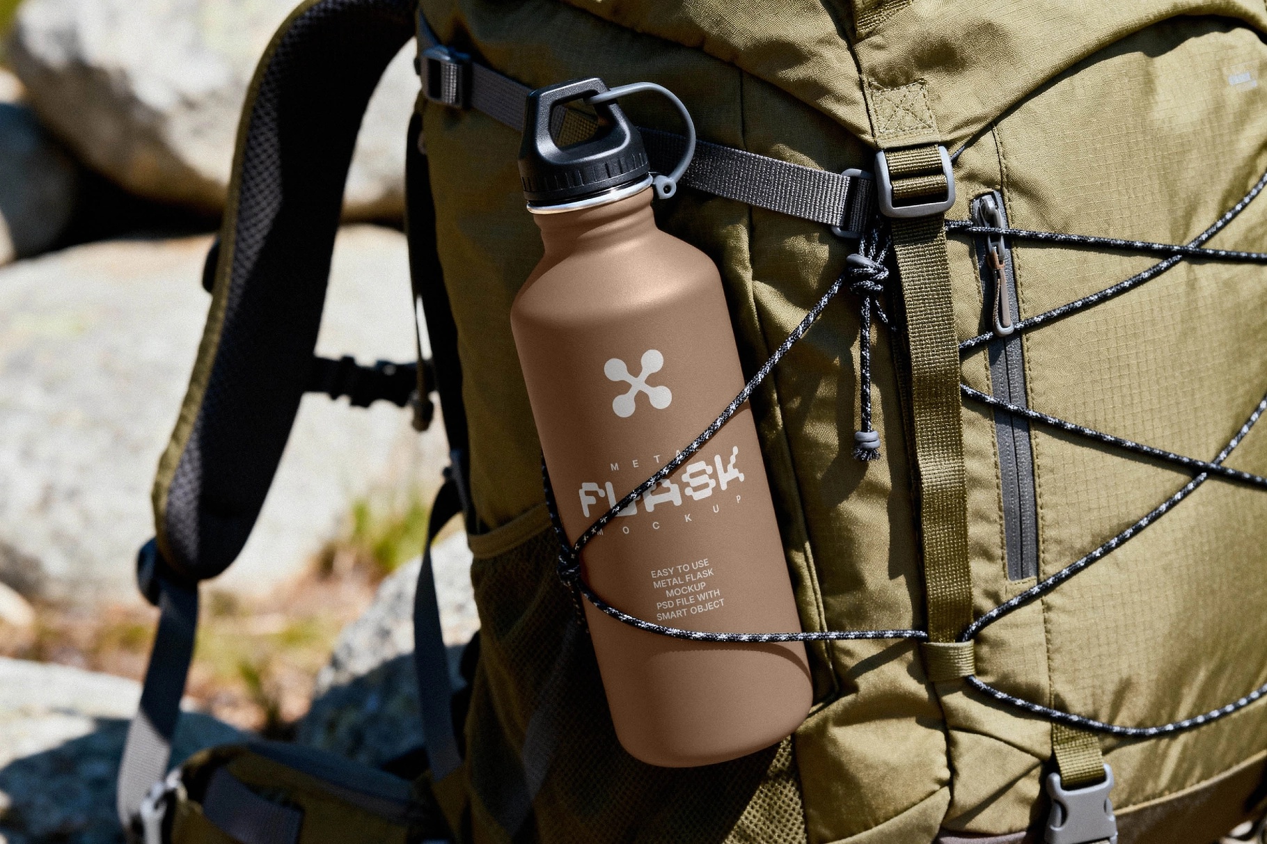 Metal Flask Mockup on Hiking Backpack