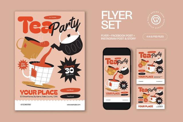 Cream Quirky Illustration Tea Party Flyer