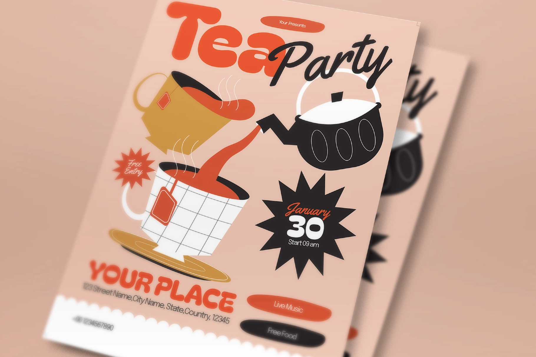 Cream Quirky Illustration Tea Party Flyer