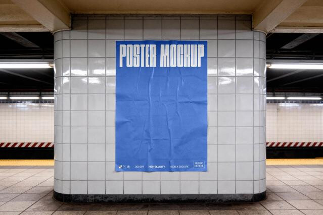 Subway Poster Mockup on Tiled Column