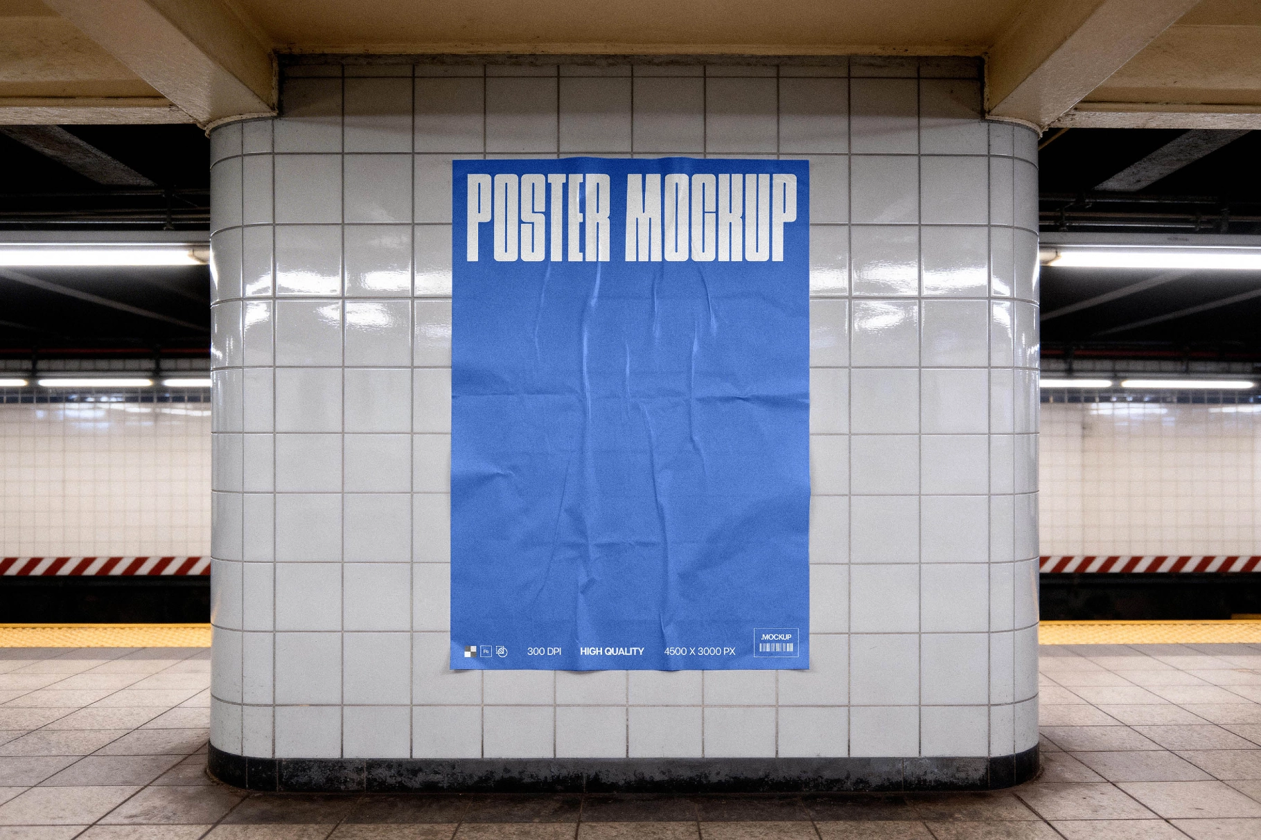 Subway Poster Mockup on Tiled Column
