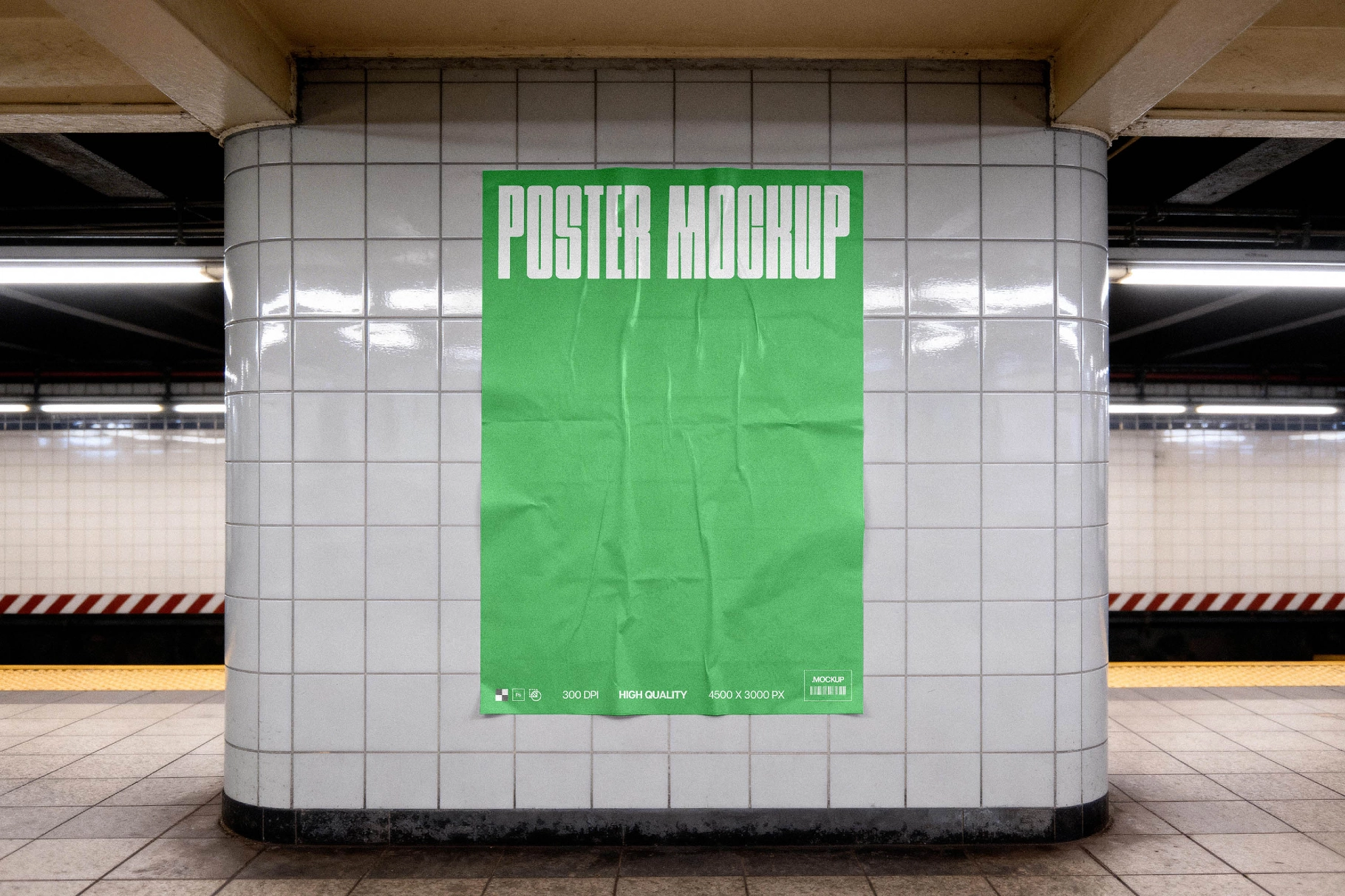 Subway Poster Mockup on Tiled Column