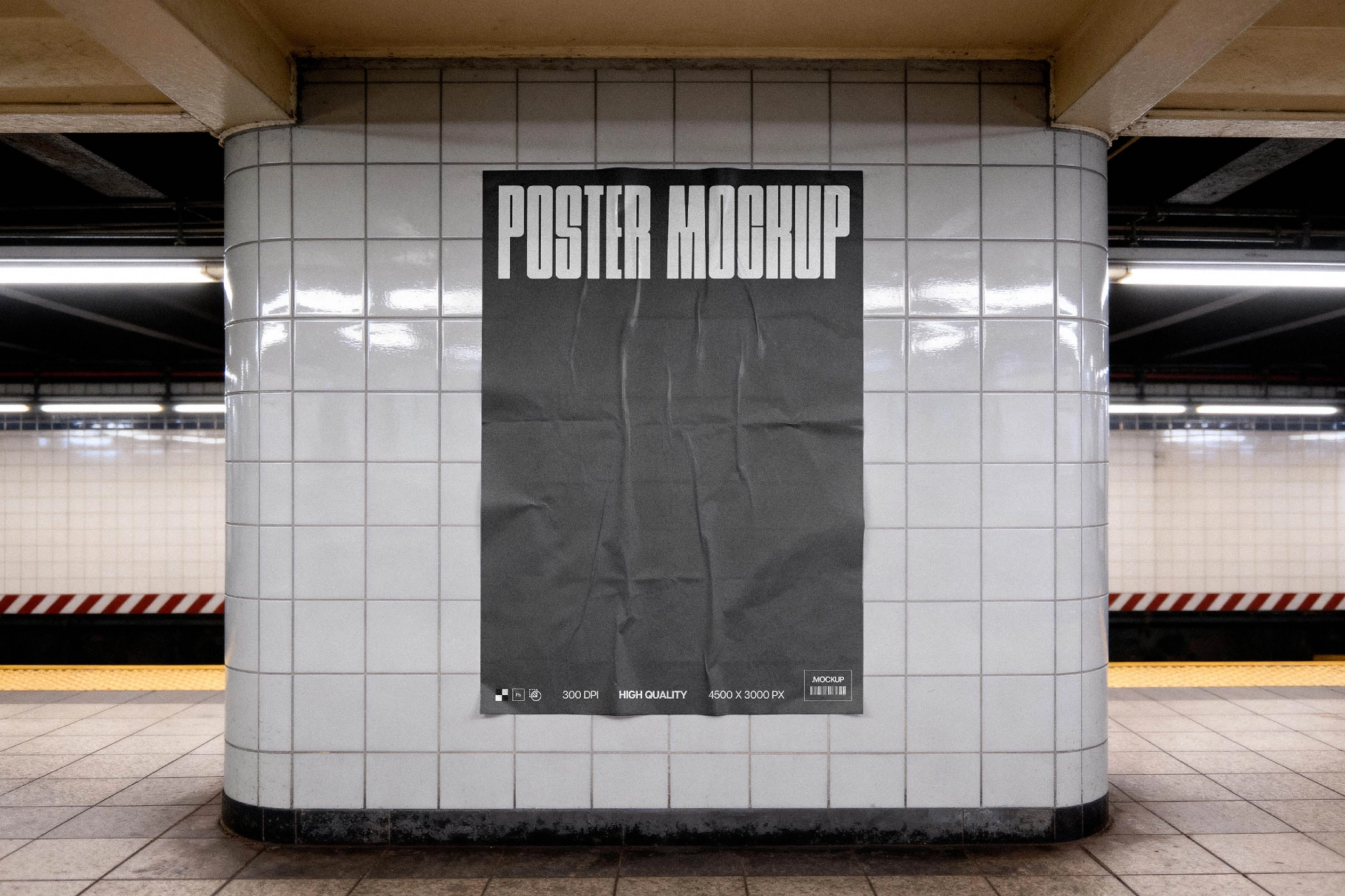 Subway Poster Mockup on Tiled Column