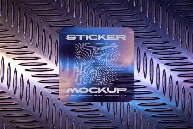 Metal Floor Sticker Mockup on Diamond Plate