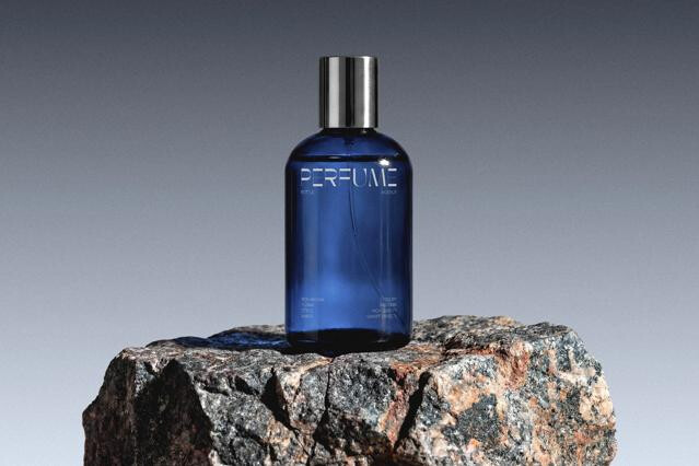 Glass Perfume Bottle Mockup on Stone Base