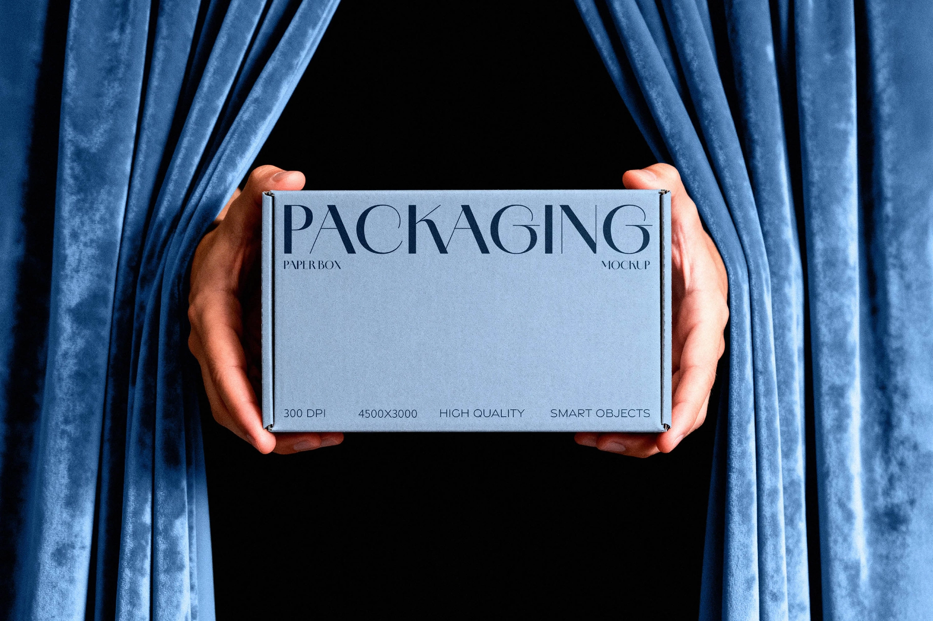 Paper Box Mockup Held Between Curtains