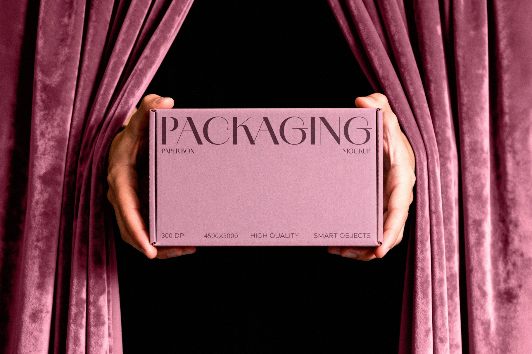 Paper Box Mockup Held Between Curtains