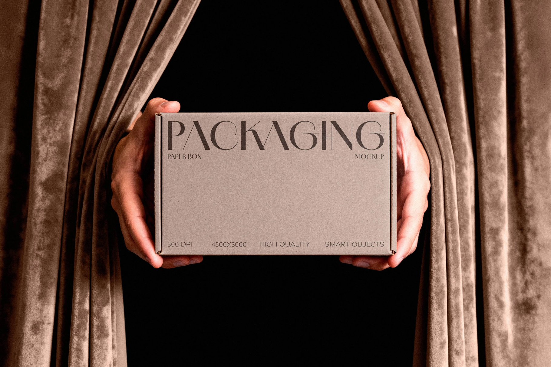 Paper Box Mockup Held Between Curtains