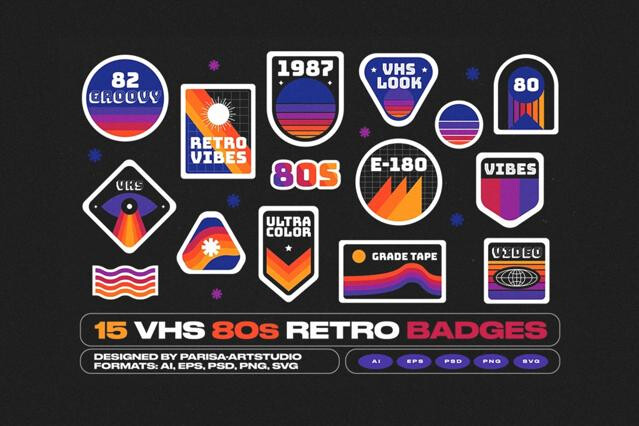 15 VHS 80s Retro Style Badges