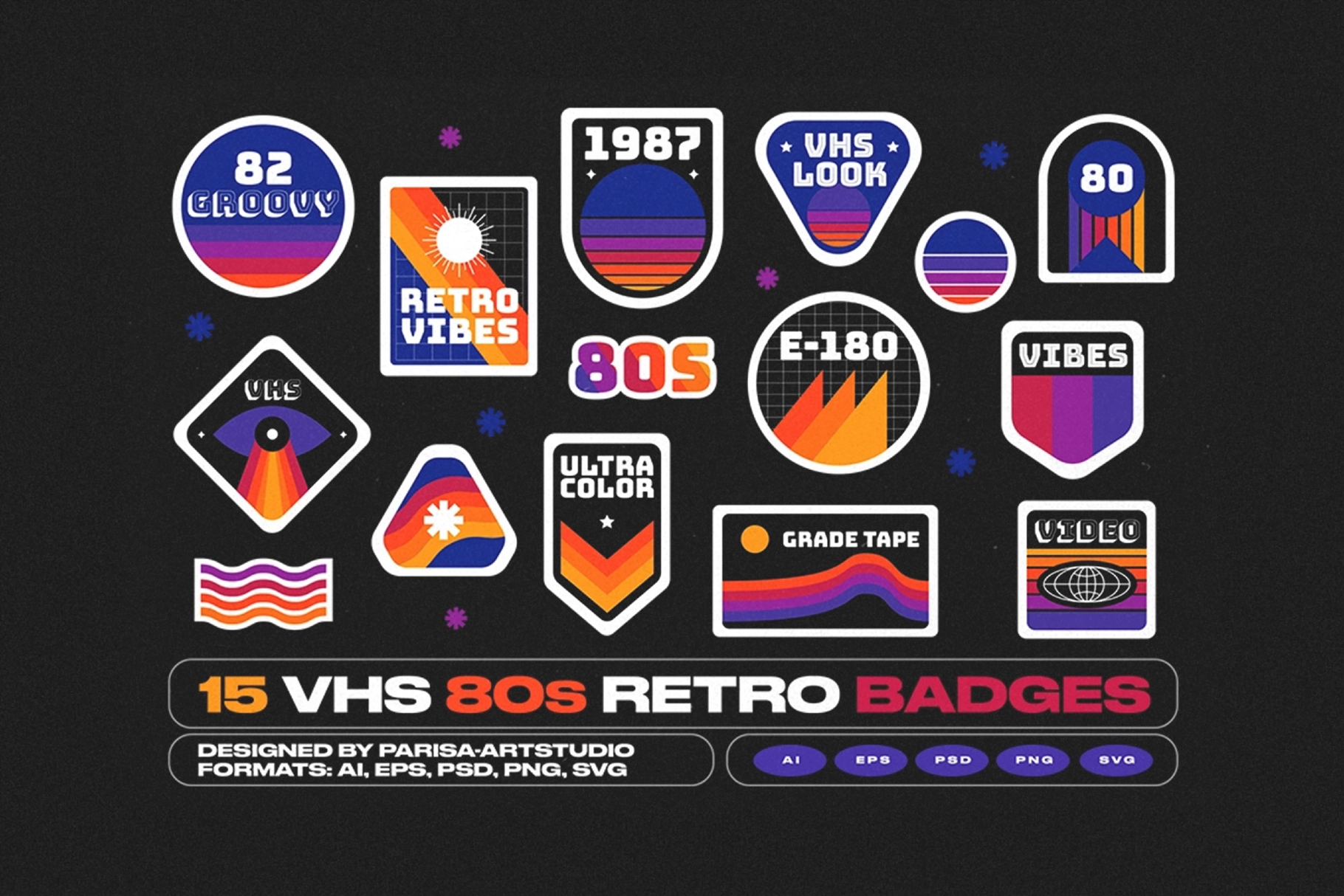 15 VHS 80s Retro Style Badges
