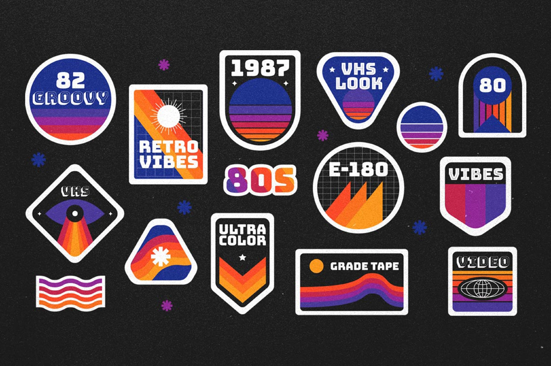 15 VHS 80s Retro Style Badges
