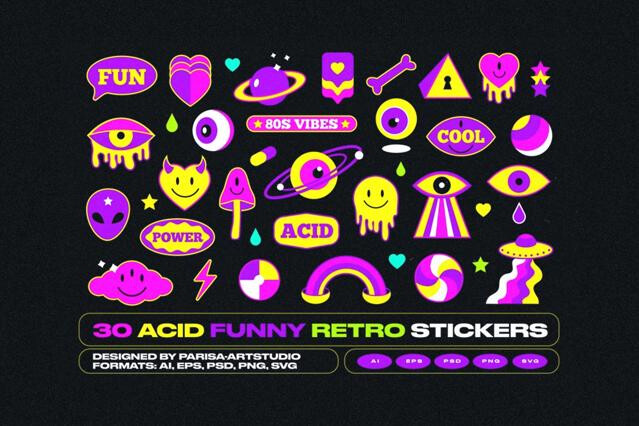 30 Acid Funny Retro Stickers