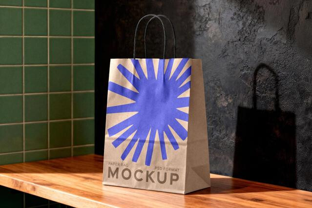 Kraft Paper Bag Mockup on Wooden Surface