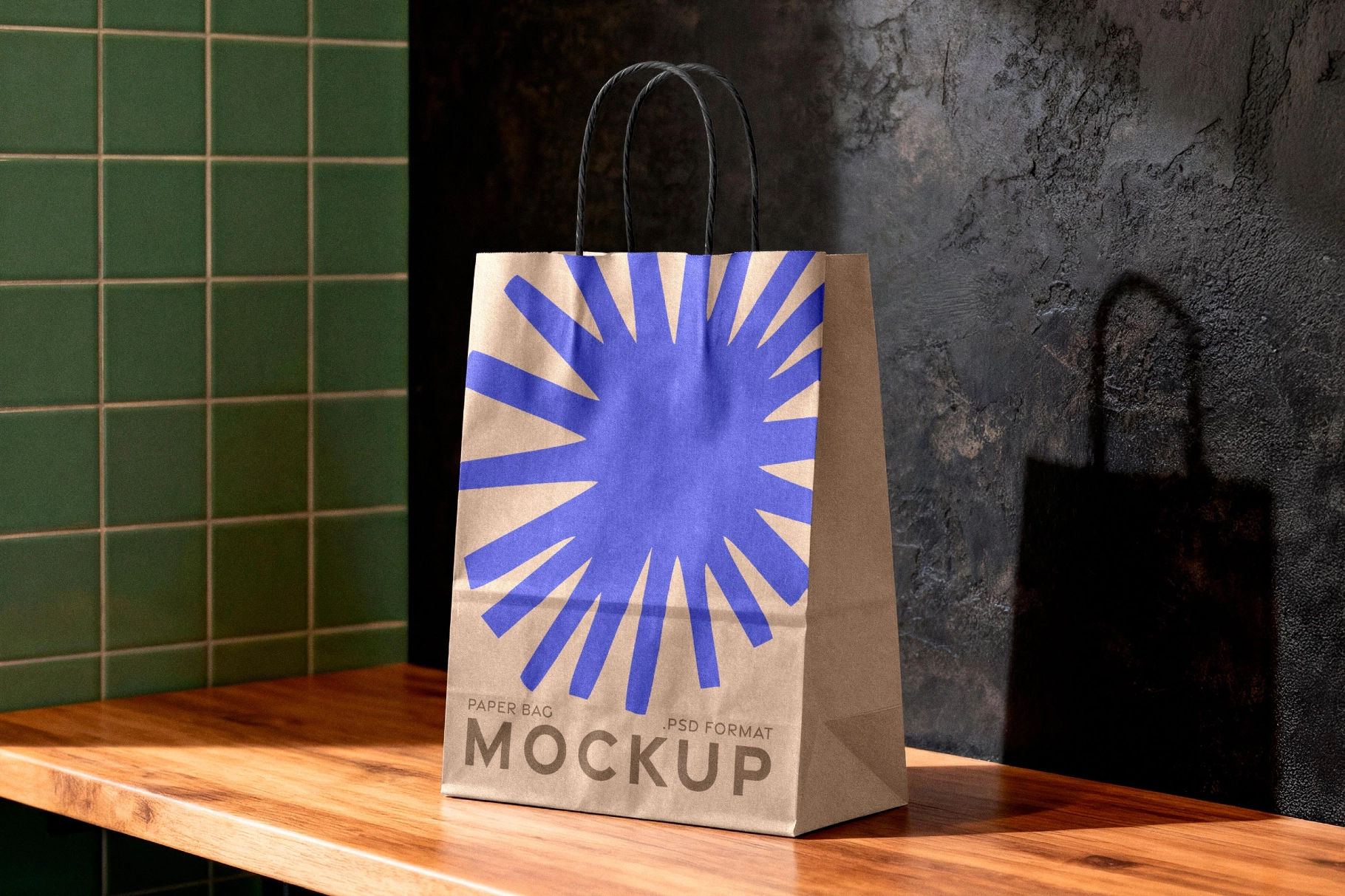 Kraft Paper Bag Mockup on Wooden Surface