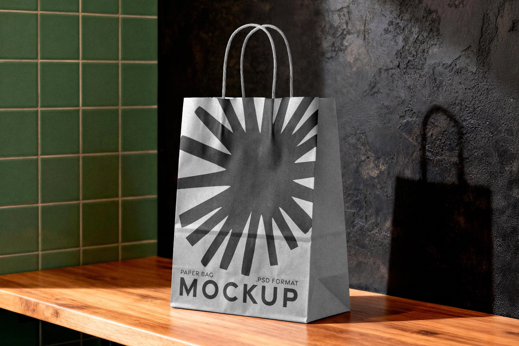 Kraft Paper Bag Mockup on Wooden Surface