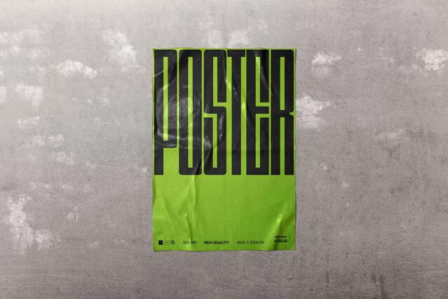 Glossy Wrinkled Poster Mockup on Concrete Wall