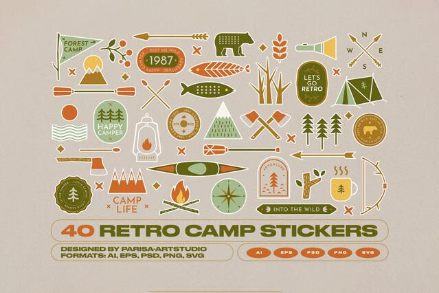 40 Retro Camp Stickers