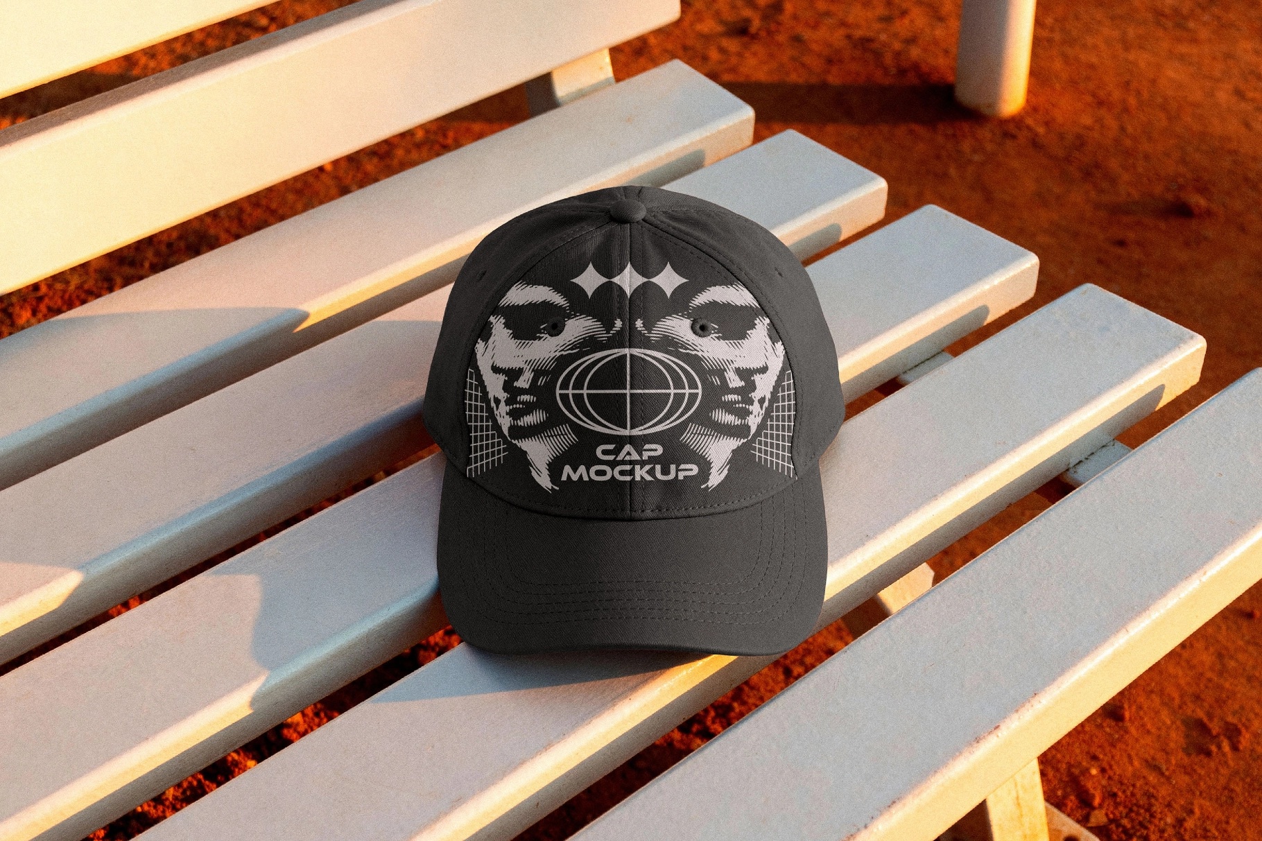 Baseball Cap Mockup on Bench