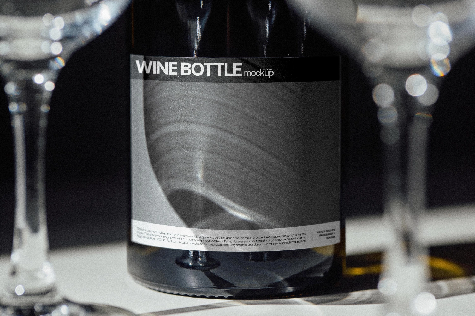 Wine Bottle Mockup with Glasses Closeup