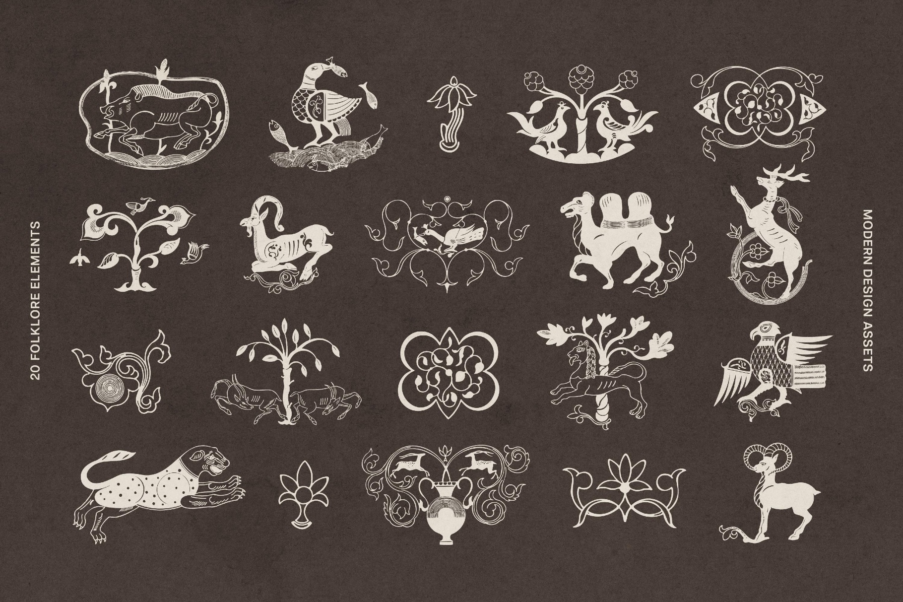 Animalist Folklore. 20 Folk Art Vector Elements
