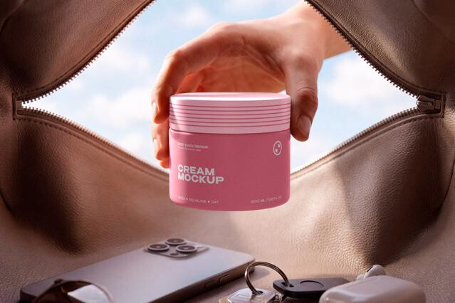 Cosmetic Jar Mockup in Leather Bag